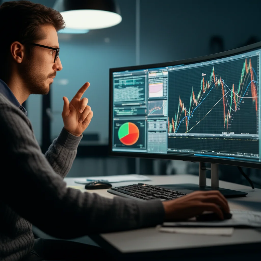 Un trader finanziario che osserva con concentrazione un complesso grafico di pricing di opzioni su un monitor curvo ad alta definizione in un ufficio moderno e poco illuminato. Telephoto zoom 100mm, fast shutter speed, action or movement tracking del cursore sul grafico, colori freddi con accenti luminosi dai dati.