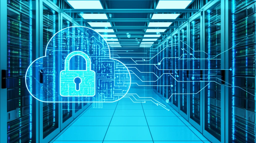 Fotografia di un data center cloud futuristico, server rack illuminati da LED blu e bianchi, flussi di dati digitali visibili come scie luminose. In primo piano, un lucchetto olografico complesso e brillante che simboleggia la crittografia avanzata. Obiettivo prime, 35mm, profondità di campo, illuminazione controllata high-tech.