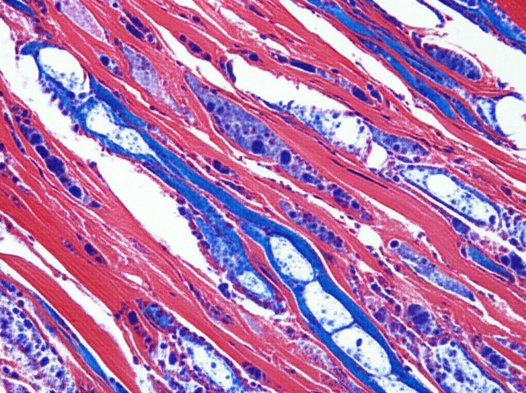 Immagine istopatologica al microscopio di un campione di tessuto muscolare, colorazione di Masson tricromica, con fibre muscolari rosse e tessuto fibrotico blu ben distinti. Obiettivo macro 100mm, alta definizione, illuminazione da laboratorio.