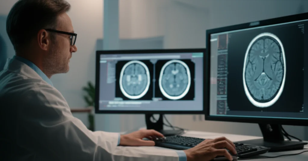 Fotografia di un neuroradiologo concentrato che esamina una scansione MRI cerebrale su un monitor ad alta definizione in una sala di refertazione poco illuminata; un'interfaccia AI futuristica è sovrapposta discretamente sullo schermo, obiettivo da 35mm, profondità di campo che sfoca leggermente lo sfondo, toni freddi.