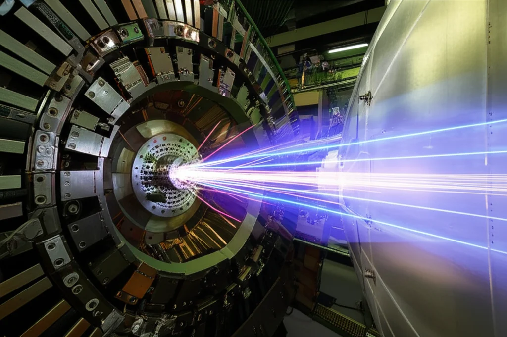 Un ciclotrone moderno in funzione, con fasci di particelle visibili (effetto artistico), macro lens, 70mm, high detail, controlled lighting, focalizzato sulla zona di estrazione del fascio.