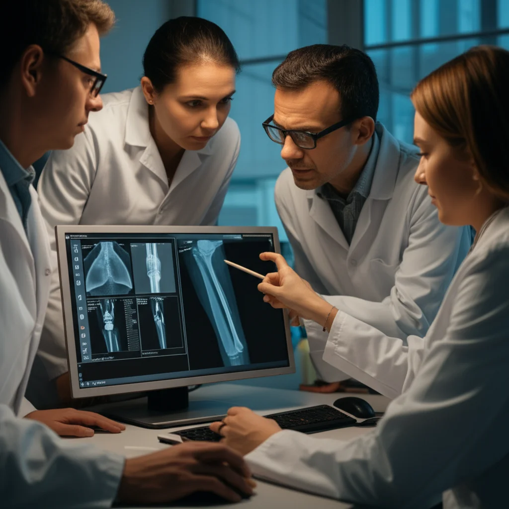 Un team di ricercatori in un laboratorio di analisi mediche discute davanti a un monitor che mostra dati e grafici sulla densità ossea. Macro lens 100mm, high detail, precise focusing, controlled lighting.