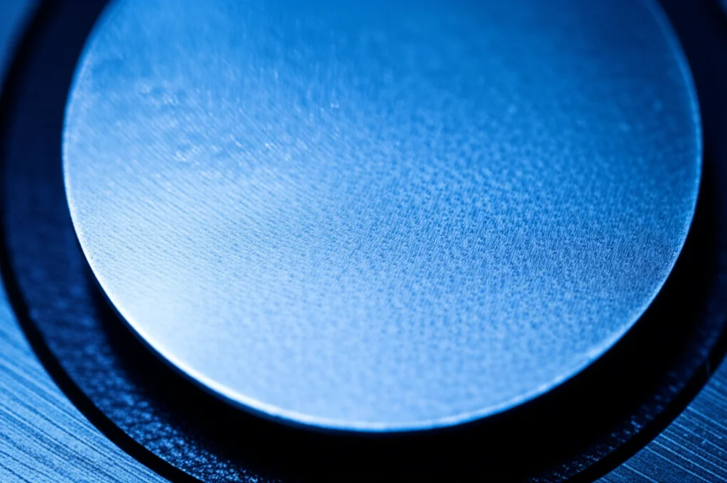 Dettaglio di un bersaglio di ittrio (Yttrium) montato su un supporto, pronto per l'irraggiamento, con un leggero bagliore bluastro che emana dal bersaglio, macro lens, 90mm, precise focusing, high detail.