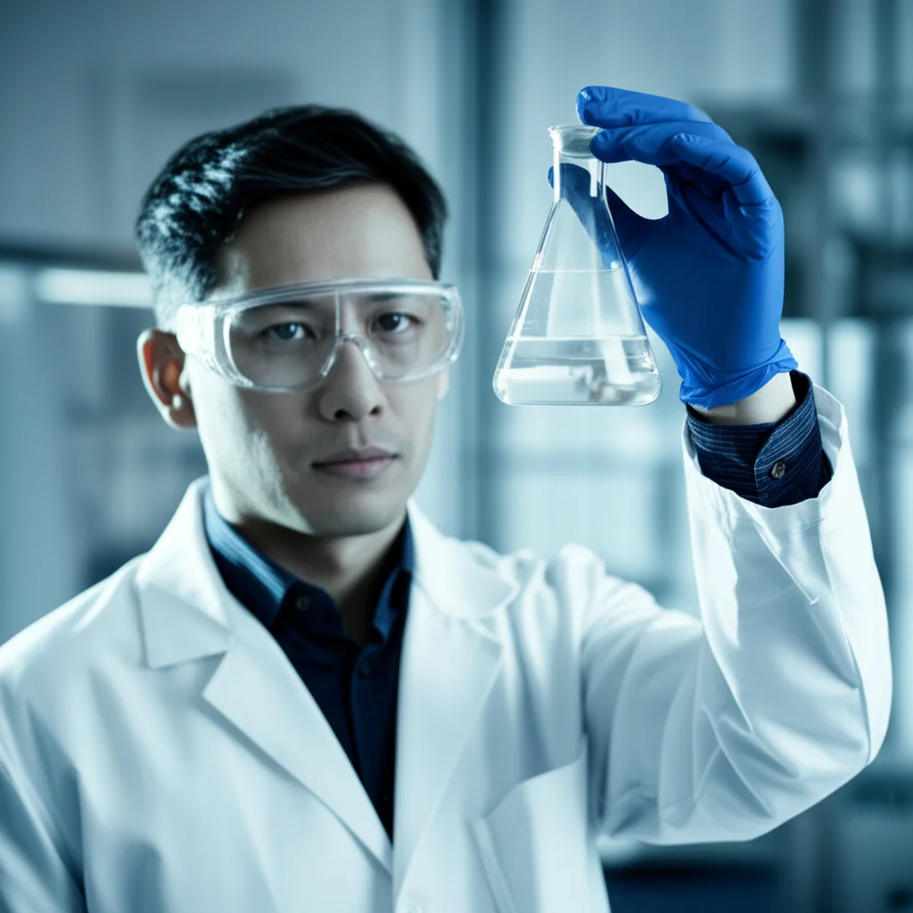 Scienziato in camice bianco che osserva attentamente una fiala contenente una soluzione di Zirconio-89 purificato, la soluzione è limpida e leggermente luminosa, portrait photography, 35mm, depth of field, duotone blu e grigio.