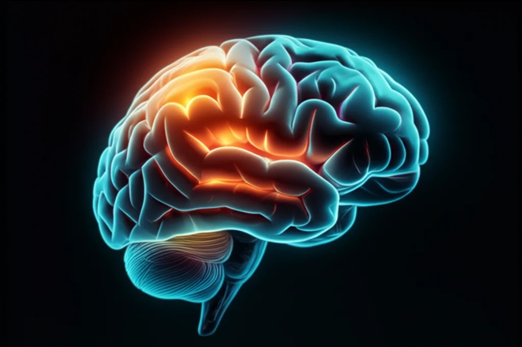 Un cervello umano stilizzato, con aree luminose che rappresentano la comprensione e un'area più scura con un lucchetto che simboleggia un concetto soglia difficile da sbloccare. Illuminazione drammatica, focus selettivo sull'area con il lucchetto. Macro lens, 80mm, high detail, controlled lighting.