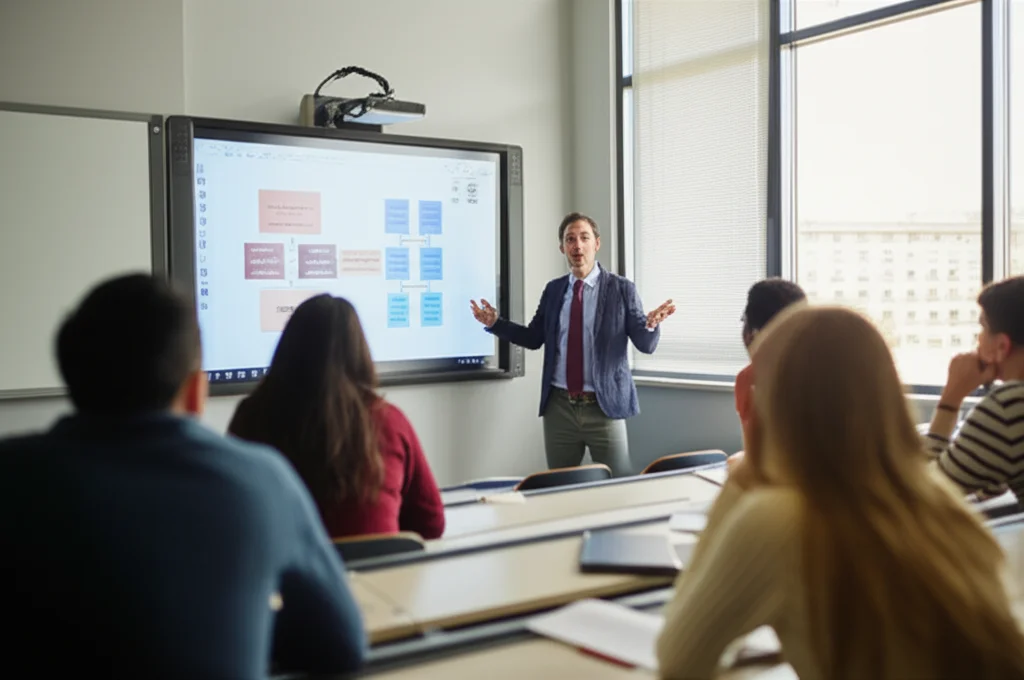 Un'aula universitaria moderna e luminosa. Un docente carismatico, di mezza età, indica con entusiasmo una lavagna interattiva che mostra un diagramma animato del flusso di dati tra CPU e RAM durante l'esecuzione di un programma. Alcuni studenti in primo piano, attenti e coinvolti, prendono appunti. Prime lens, 35mm, profondità di campo media per includere docente e studenti, luce naturale dalla finestra.