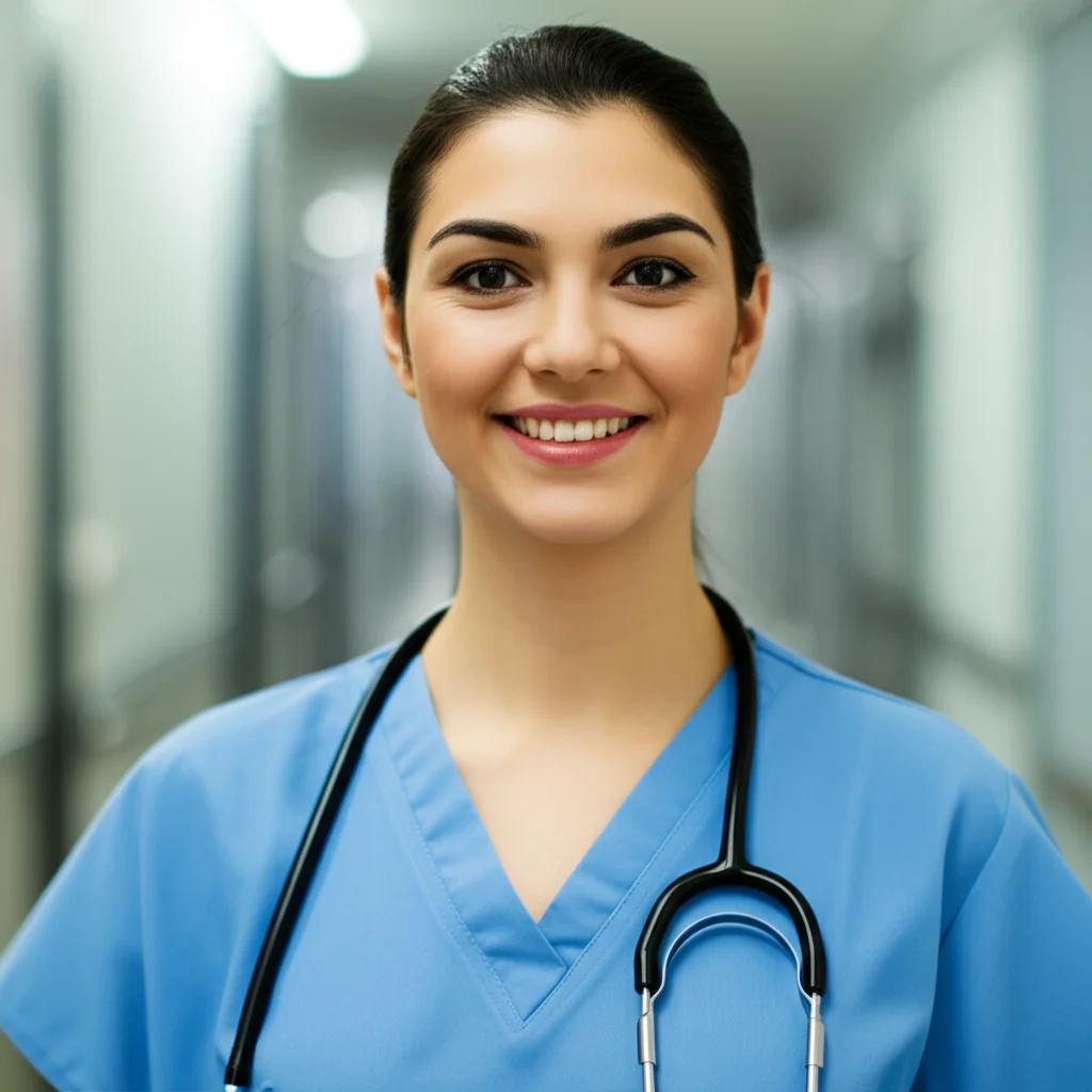 Portrait photography, 35mm lens, depth of field, una infermiera 'di benvenuto' in uniforme sorride e parla con un paziente anziano seduto su una barella in un'area triage luminosa e moderna di un pronto soccorso, trasmettendo empatia e professionalità.