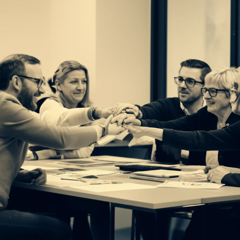 Fotografia di un gruppo eterogeneo di persone che collaborano attorno a un tavolo in un ambiente comunitario luminoso e accogliente, simboleggiando la costruzione di fiducia e lo scambio di idee. Prime lens, 35mm, profondità di campo, illuminazione naturale, duotone seppia e blu.