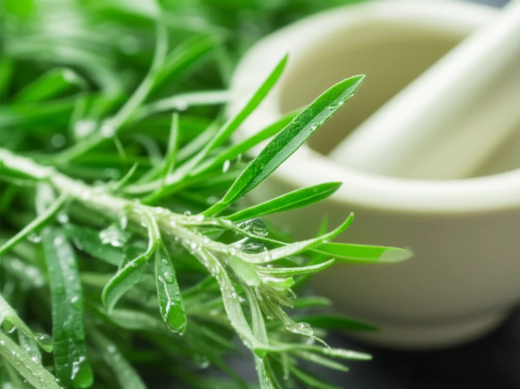 Un primo piano macro di foglie fresche di Artemisia annua, con goccioline d'acqua che ne esaltano la tessitura verde brillante. L'illuminazione è laterale e soffusa, creando un leggero chiaroscuro. Obiettivo macro da 100mm, alta definizione, con sfondo leggermente sfocato di un mortaio e pestello in ceramica, suggerendo la preparazione di rimedi erboristici. Colori naturali e vividi.