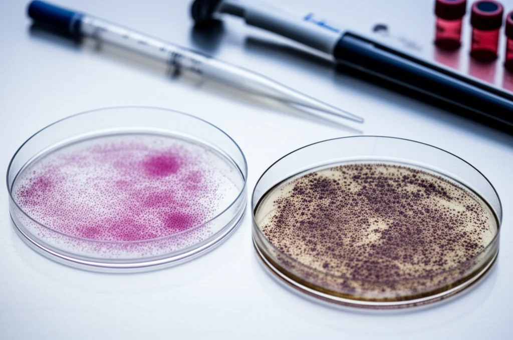 Due piastre Petri da laboratorio viste dall'alto, una contenente cellule epatiche umane sane e l'altra cellule simili trattate con un estratto vegetale scuro, mostrando segni di citotossicità. Illuminazione da laboratorio, nitida e clinica. Obiettivo da 50mm, profondità di campo media per mantenere a fuoco entrambe le piastre. Accanto, una pipetta e provette.