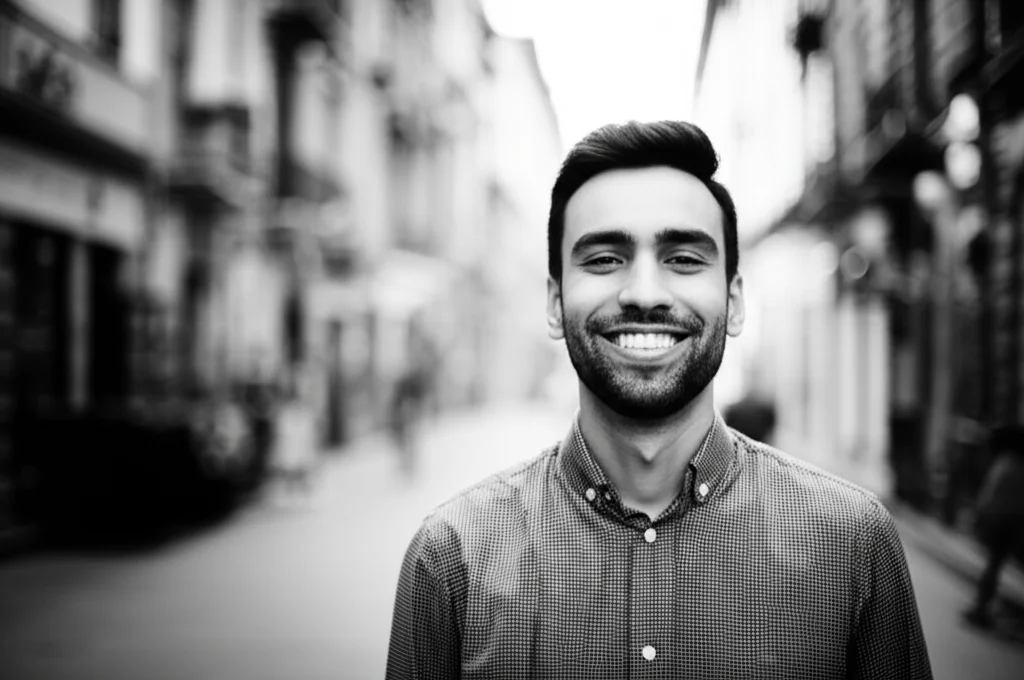 Ritratto di un Community Ambassador, una persona sorridente e sicura di sé, in un contesto urbano che riflette la sua comunità. Prime lens, 50mm, profondità di campo per mettere a fuoco il soggetto, luce naturale calda, film noir per un tocco di autenticità.