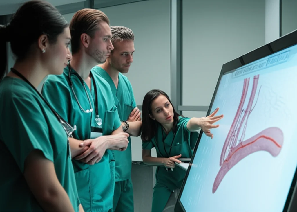 Un team di tre chirurghi vascolari, due uomini e una donna, in camice verde, che discutono animatamente e in modo collaborativo un piano chirurgico EVAR. Stanno indicando un modello 3D interattivo di un aneurisma aortico visualizzato su un grande schermo touch-screen in una sala riunioni high-tech. Prime lens, 35mm, depth of field, luce da studio che illumina i volti concentrati.