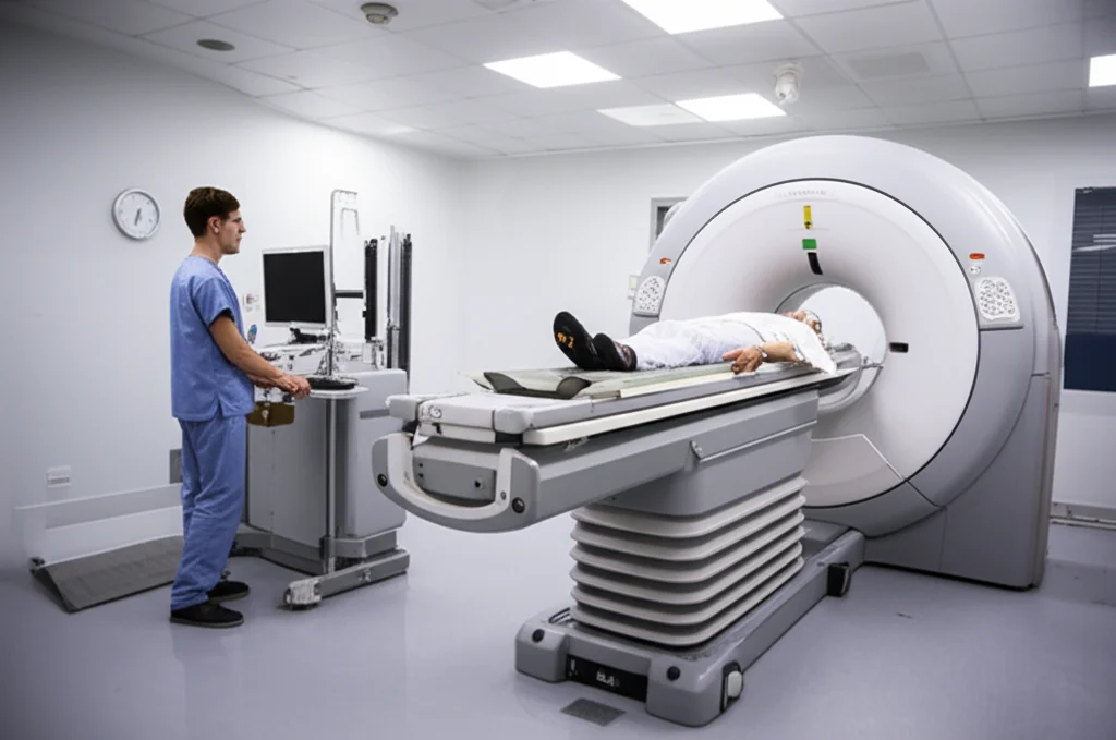 Fotografia di un moderno scanner PET/CT in una sala ospedaliera high-tech, obiettivo grandangolare 15mm per mostrare l'ambiente, illuminazione controllata e brillante, con un tecnico che prepara un paziente per la scansione. Dettagli nitidi dello scanner.