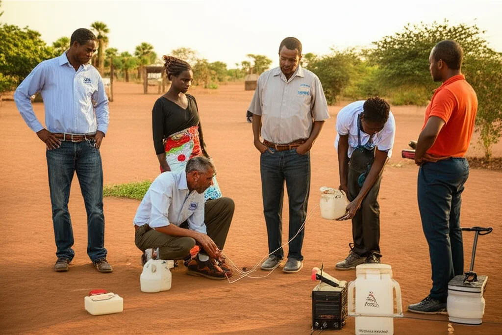 Un team misto di operatori sanitari, uomini e donne, che lavorano sul campo in un villaggio africano per il controllo dei vettori. Alcuni preparano attrezzature, altri parlano con i membri della comunità. Luce naturale del tardo pomeriggio, obiettivo da 35mm per un ritratto di gruppo in azione, con profondità di campo che sfoca leggermente lo sfondo del villaggio. Colori caldi e terrosi.