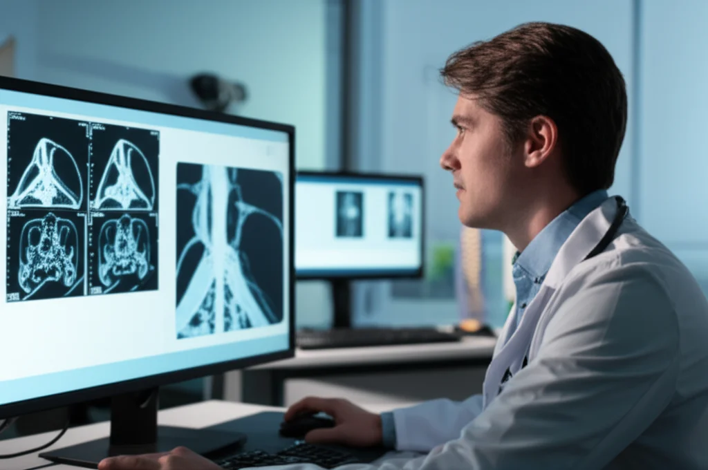 Primo piano di un medico che esamina con attenzione immagini PET/CT su un monitor ad alta risoluzione in uno studio medico. Obiettivo prime 50mm, profondità di campo per sfocare lo sfondo e concentrarsi sul volto concentrato del medico e sullo schermo. Illuminazione da studio.