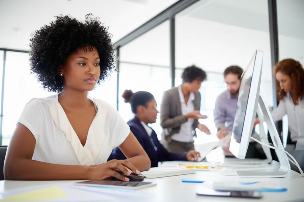 Un ufficio moderno e luminoso in un'istituzione di ricerca africana. Una donna è seduta alla sua scrivania, assorta nel lavoro al computer, mentre sullo sfondo, in una sala riunioni vetrata, si intravede un gruppo di colleghi, uomini e donne, in una discussione animata ma costruttiva. Macro lens, 60mm, focus sulla donna in primo piano, illuminazione controllata per evidenziare la serietà e la concentrazione.