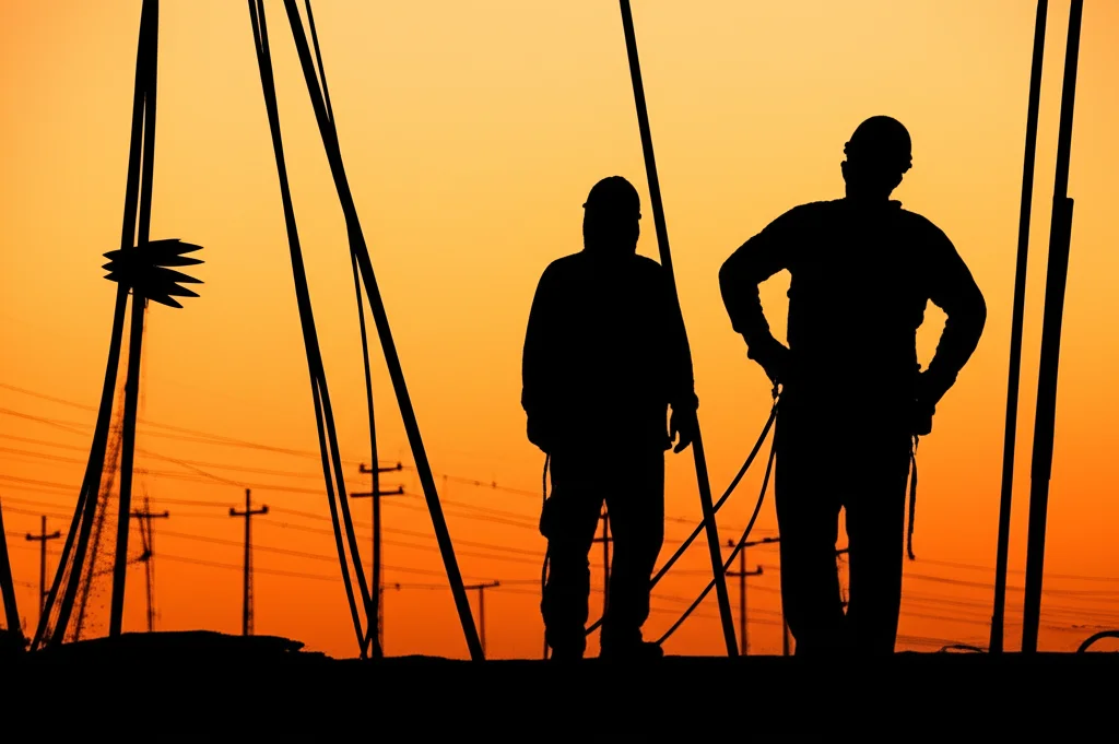 Fotografia di un cantiere edile al tramonto, con silhouette di operai che lavorano vicino a cavi elettrici e impalcature. Obiettivo grandangolare 10-24mm, lunga esposizione per catturare il movimento delle nuvole e le luci del cantiere, focus nitido sulle attrezzature elettriche potenzialmente pericolose.