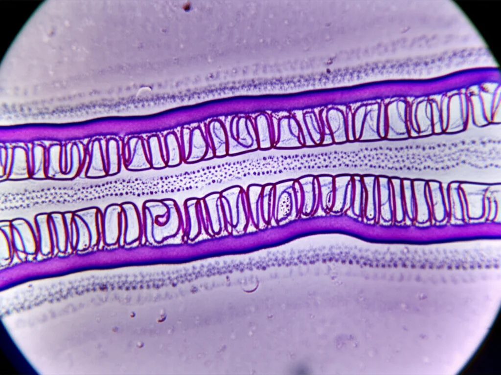 Immagine macro di un capillare del letto ungueale visualizzato tramite capillaroscopia, con dettagli ad alta definizione dei piccoli vasi sanguigni, illuminazione controllata per evidenziare le strutture, obiettivo macro 100mm. L'immagine mostra la forma e la densità dei capillari, con un focus preciso sulle anse capillari.
