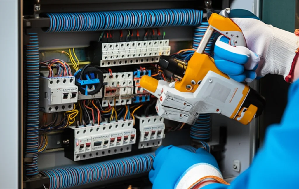 Primo piano di mani guantate da elettricista che lavorano con cautela su un pannello elettrico complesso. Obiettivo macro 90mm, alta definizione dei dettagli dei fili colorati e degli strumenti isolati, illuminazione controllata per evidenziare la precisione del lavoro e le misure di sicurezza.