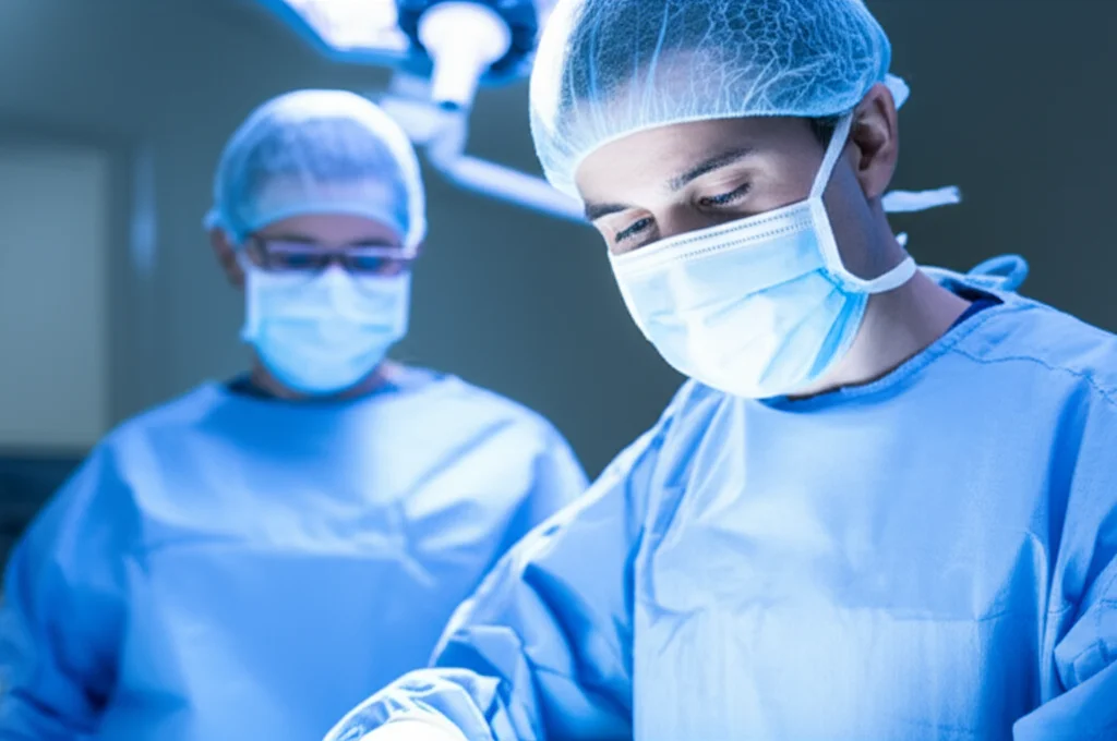 Portrait photography, un chirurgo toracico esperto in sala operatoria, concentrato durante un intervento di chirurgia toracoscopica mininvasiva. Luce chirurgica intensa sul campo operatorio, dettagli degli strumenti. Prime lens, 35mm, depth of field, duotone blu e grigio per un'atmosfera clinica e seria.