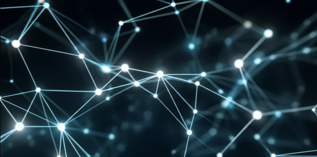 Un'intelligenza artificiale visualizzata come una rete neurale luminosa che interagisce con modelli 3D di strutture cristalline fluttuanti in uno spazio digitale futuristico, obiettivo macro 80mm, alta definizione, illuminazione controllata e cinematografica, stile film noir con forti contrasti.