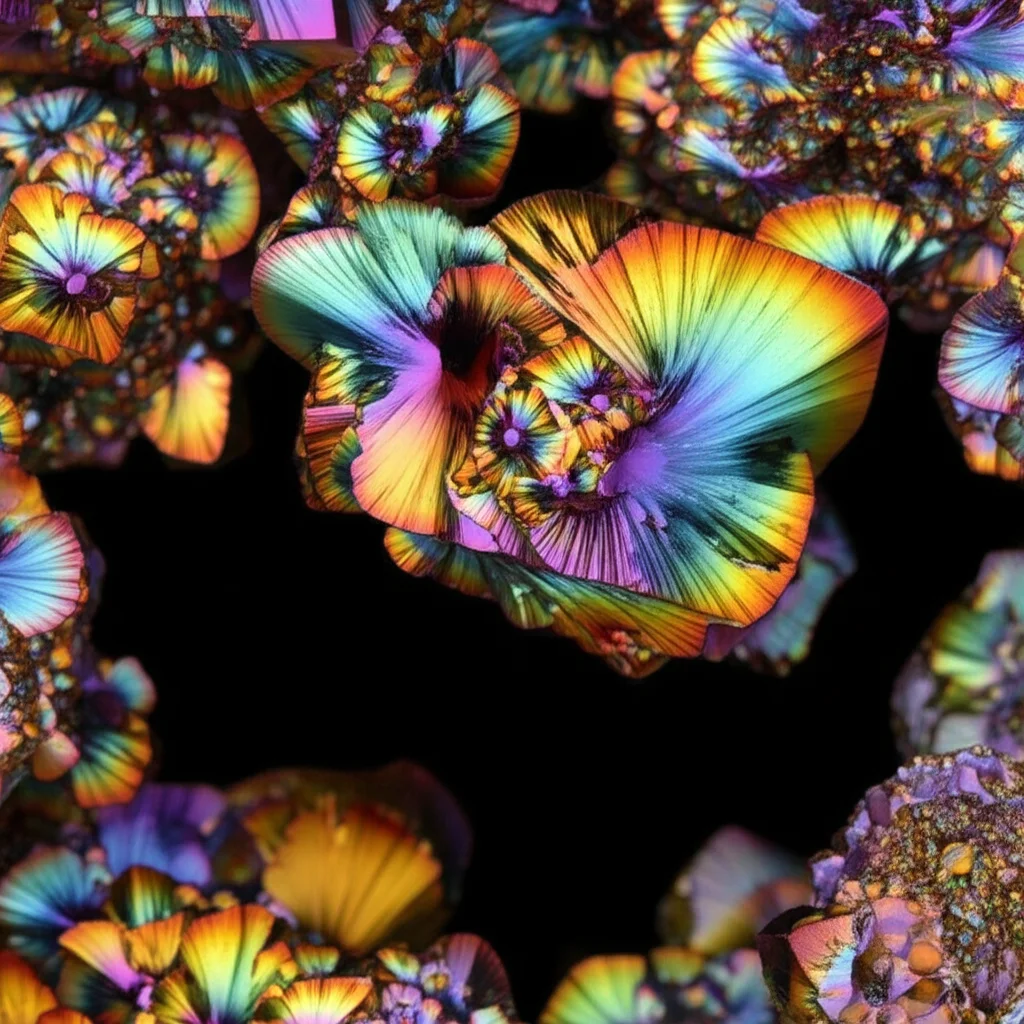Visualizzazione di diverse strutture cristalline colorate e complesse del sistema Zn-Ti-O generate da un algoritmo di intelligenza artificiale, che emergono da un prompt testuale fluttuante, obiettivo macro 100mm, dettagli elevati, illuminazione da studio precisa, sfondo scuro per risaltare i cristalli.