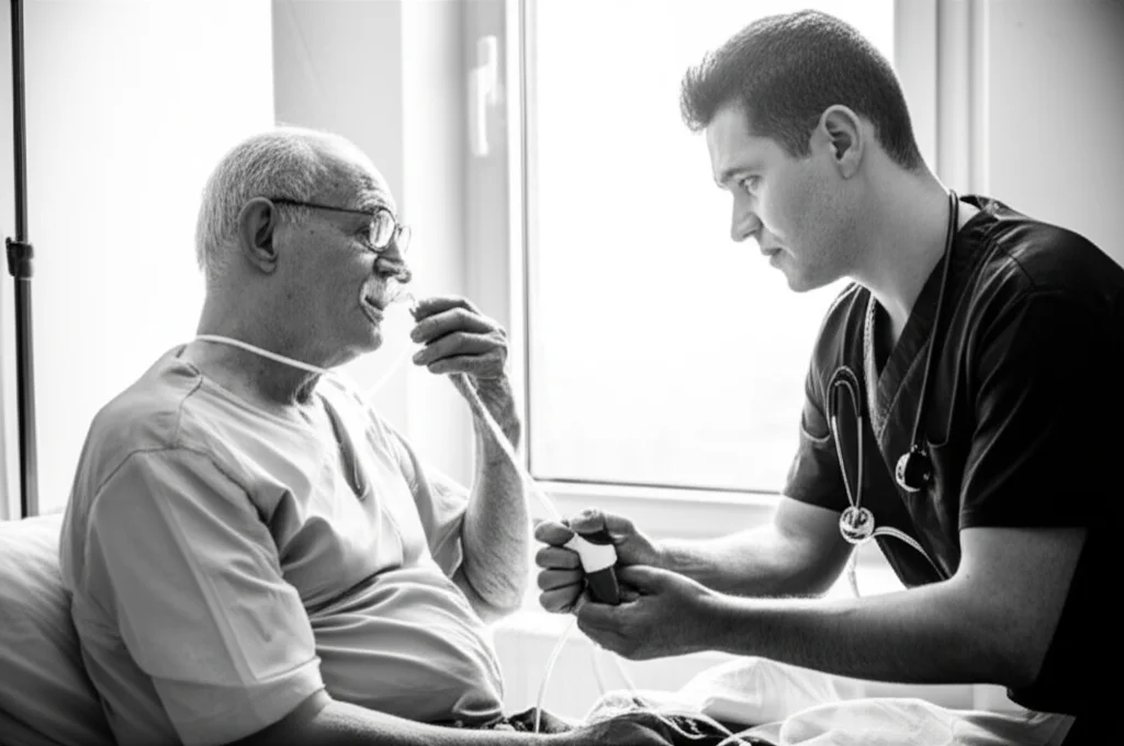 Portrait photography, un paziente anziano in un letto d'ospedale, assistito da un infermiere durante esercizi di fisioterapia respiratoria post-operatoria, utilizzando uno spirometro incentivante. Luce naturale da una finestra, 35mm lens, depth of field, bianco e nero per un tocco emotivo e di speranza.
