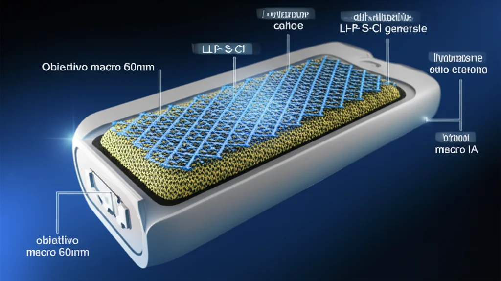 Un rendering fotorealistico di una batteria a stato solido sezionata che mostra gli strati interni, con un focus su nuove strutture cristalline dell'elettrolita Li-P-S-Cl generate da IA, obiettivo macro 60mm, alta definizione, illuminazione precisa per evidenziare i dettagli dei cristalli, con etichette olografiche che indicano i composti.