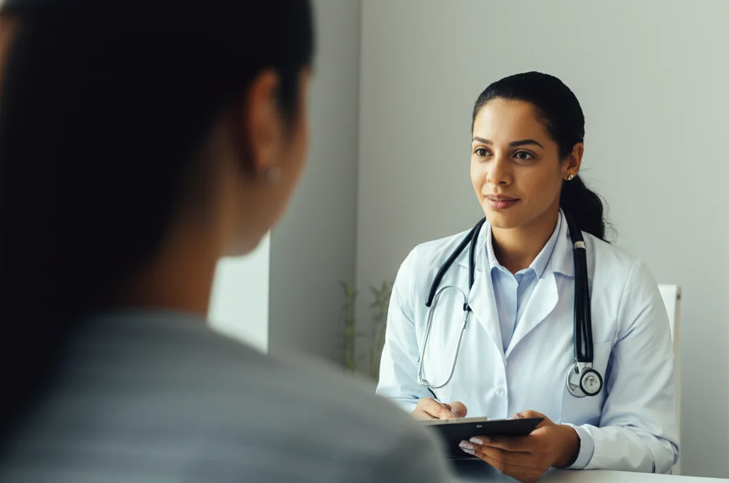 Una consulente genetista spiega con empatia i risultati di un test genetico a una paziente in un ambiente medico accogliente, prime lens, 24mm, luce naturale soffusa, espressioni di comprensione e supporto.