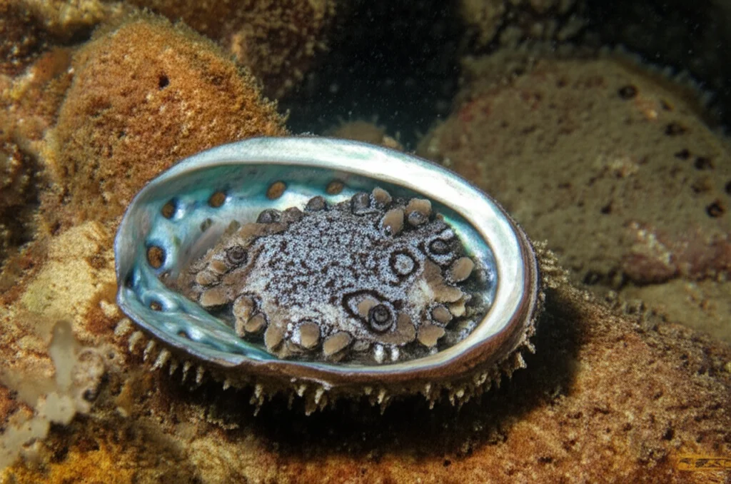 Macro fotografia, 60mm lens, di un abalone che si aggrappa a una roccia sottomarina, con bollicine d'aria che suggeriscono acqua calda, alta definizione, illuminazione controllata per enfatizzare la texture della conchiglia e lo stress ambientale.
