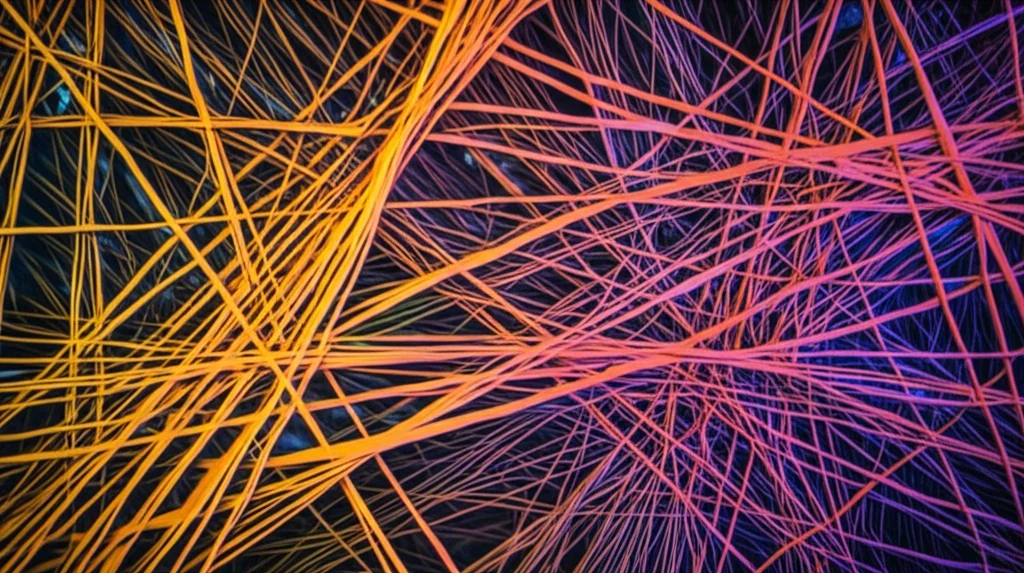 Immagine concettuale astratta, stile macro 100mm, di reti proteiche interconnesse che si illuminano e si modificano, a simboleggiare l'attivazione dei geni HSP e UPS sotto stress termico, con colori caldi e freddi per indicare up e down-regolazione, alta definizione, illuminazione drammatica.