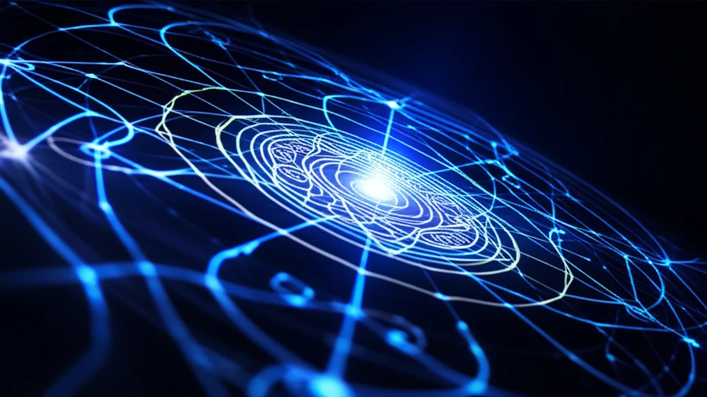 Un'immagine concettuale che rappresenta l'intersezione tra diagrammi logici astratti e simboli della fisica quantistica, illuminati da una luce soffusa, obiettivo prime da 35mm, profondità di campo per mettere a fuoco i simboli centrali, bianco e nero con un accento di colore blu elettrico.