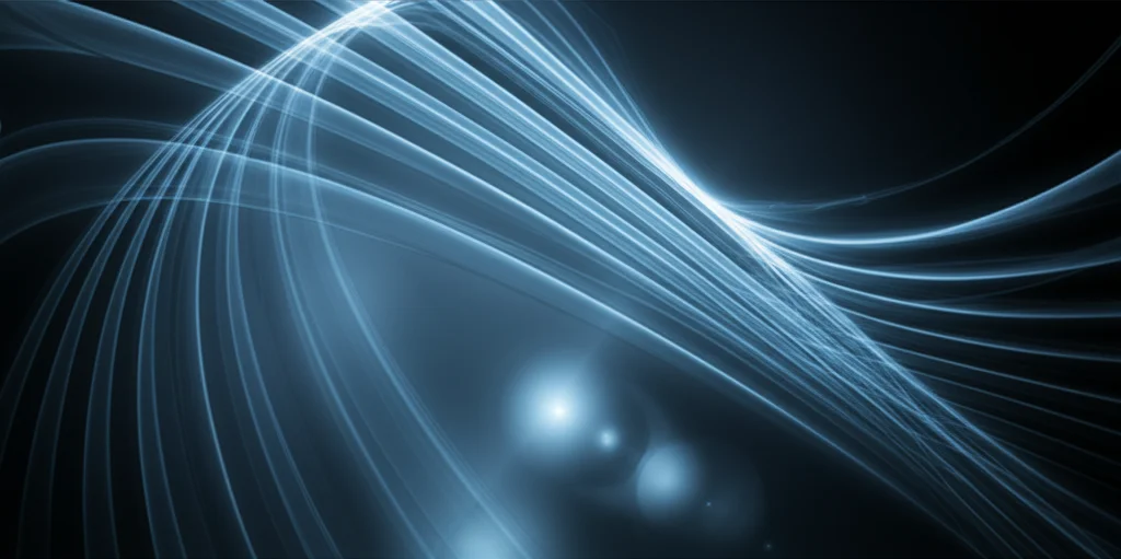 Rappresentazione artistica di uno spazio di Hilbert multidimensionale con forme d'onda gaussiane che si propagano, utilizzando colori duotone blu e argento, obiettivo grandangolare da 20mm per dare un senso di vastità e complessità, con un effetto di 'lens flare' per aggiungere un tocco etereo.