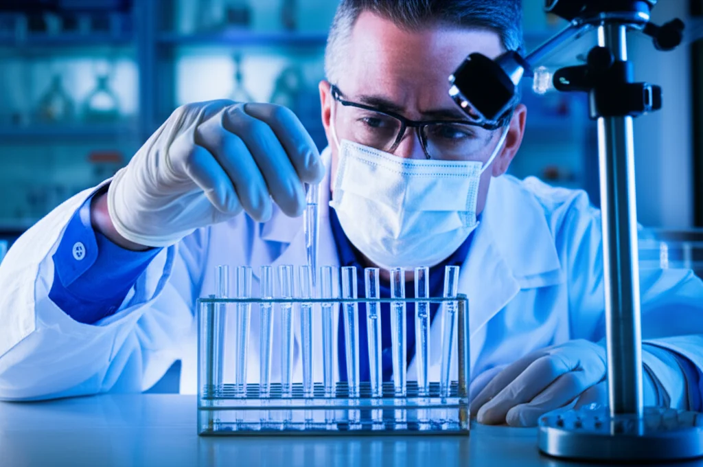 Un tecnico di laboratorio con camice bianco e guanti analizza campioni d'acqua in provette illuminate da una luce intensa, utilizzando uno spettrometro. L'ambiente è un laboratorio moderno con strumentazione scientifica sullo sfondo. Macro lens, 85mm, high detail, precise focusing, controlled lighting.