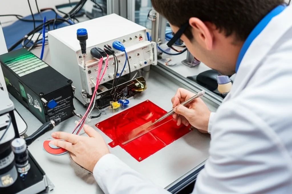 Un moderno laboratorio di ricerca, un tecnico sta osservando un prototipo di ricevitore LSC (Luminescent Solar Concentrator) di colore rosso brillante, collegato a strumentazione elettronica. L'LSC è una lastra sottile e quadrata. Illuminazione controllata, dettagli precisi, macro lens 60mm.