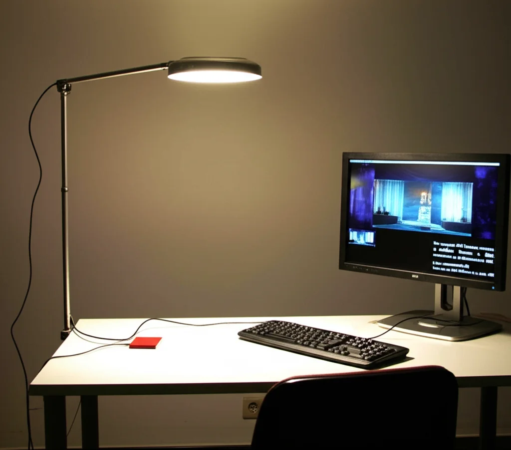 Un setup sperimentale per la Visible Light Communication (VLC) in un ambiente interno simile a un ufficio. Una sorgente LED bianca montata al soffitto illumina un ricevitore LSC rosso posizionato su una scrivania. Un monitor nelle vicinanze mostra uno streaming video HD. Luce ambientale soffusa, focus sul ricevitore e sul monitor, prime lens 35mm.