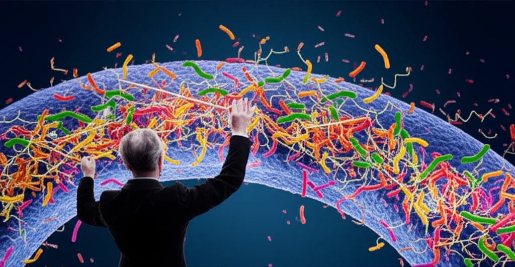 Un'immagine concettuale di un direttore d'orchestra che con la bacchetta dirige flussi di molecole colorate (che rappresentano i metaboliti) all'interno di una cellula batterica stilizzata di Bacillus subtilis, con un focus sulla produzione di molecole di citidina evidenziate. Macro lens, 60mm, high detail, precise focusing, controlled lighting, colori vivaci ma scientifici su sfondo scuro.