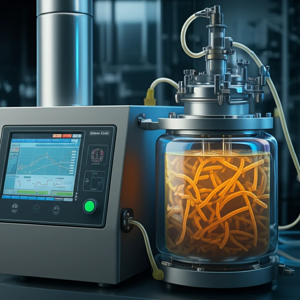 Un moderno bioreattore da laboratorio in acciaio inossidabile da 5 litri, con tubi e schermi digitali che mostrano grafici di produzione di citidina. All'interno, una coltura batterica torbida ma vibrante di Bacillus subtilis. Macro lens, 80mm, high detail, controlled lighting, riflessi metallici, l'ambiente è un laboratorio pulito e illuminato.