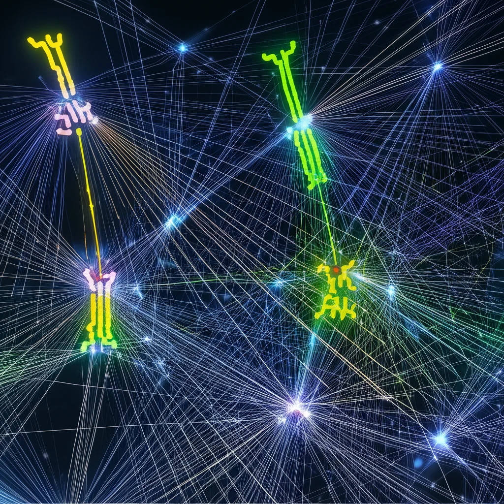Visualizzazione astratta e artistica di reti metaboliche complesse all'interno di una cellula. Nodi luminosi rappresentano metaboliti e geni, con frecce che indicano flussi. Alcuni percorsi, come la via dei pentoso fosfati e la sintesi delle pirimidine, sono evidenziati in colori brillanti (es. blu e verde), a simboleggiare l'up-regulation. Macro lens, 100mm, high detail, precise focusing, sfondo scuro per far risaltare gli elementi luminosi, effetto 'circuito elettronico biologico'.