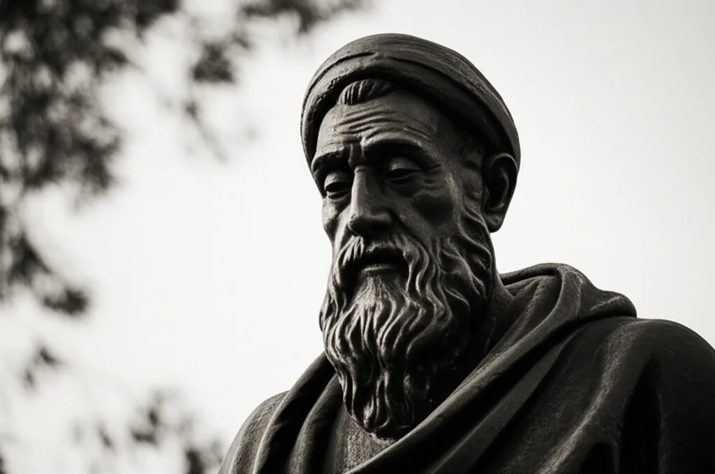 Statua di Maimonide a Cordoba, Spagna. Ritratto fotografico della statua, lente prime da 50mm, luce naturale diffusa, leggero effetto film noir per dare solennità, con focus preciso sulla figura.