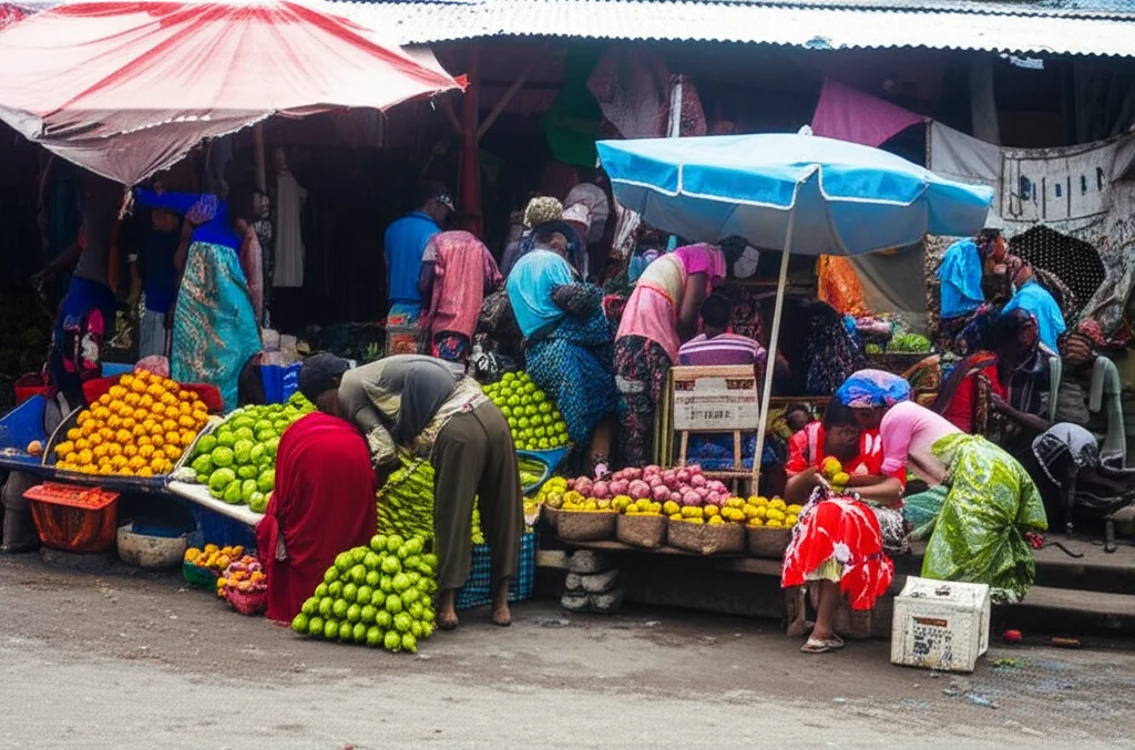 Lavoratori del settore informale in un mercato affollato di una città africana contemporanea. Immagine grandangolare da 24mm per catturare l'ampiezza della scena, colori vivaci, alta profondità di campo per mantenere a fuoco sia i lavoratori in primo piano che il contesto del mercato. Luce naturale intensa.
