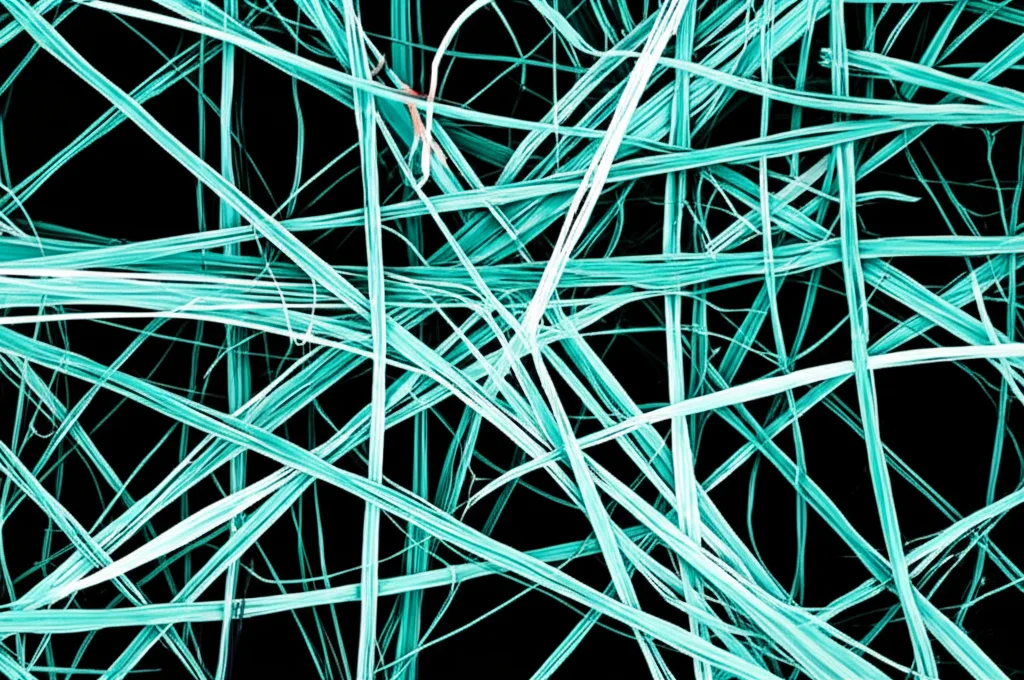 Immagine macro di uno scaffold polimerico ibrido per ingegneria tissutale, con fibre finemente intrecciate visibili sotto una luce da laboratorio controllata, obiettivo macro 90mm, alta definizione dei dettagli delle fibre e della loro interconnessione, sfondo leggermente sfocato per enfatizzare lo scaffold.