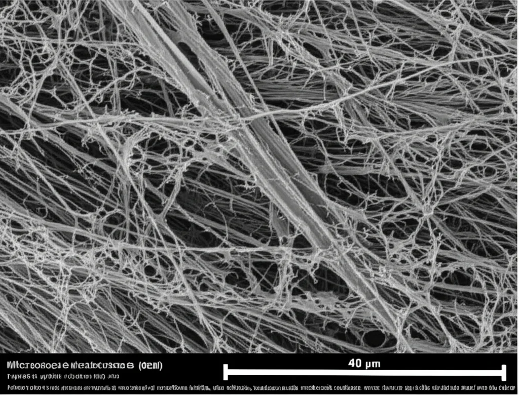 Microscopia elettronica a scansione (SEM) che mostra cellule endoteliali (HUVEC) adese e ben distese sulla superficie di uno scaffold nanofibroso ibrido, alta definizione, visualizzazione della morfologia cellulare appiattita e delle interazioni con le fibre, scala micrometrica visibile.