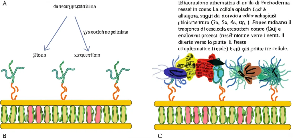 Illustrazione schematica di un'ifa di Trichoderma reesei in crescita. La cellula apicale (1a) è allungata, seguita da cellule subapicali più corte (2a, 3a, 4a, 5a, 6a). Frecce indicano il trasporto di vescicole secretorie (blu) e endosomi precoci (rossi) attraverso i setti, dirette verso la punta. Il flusso citoplasmatico (verde) è più intenso nelle prime tre cellule. L'immagine è un diagramma scientifico, non una foto, ma con dettagli chiari dei componenti cellulari e dei flussi.