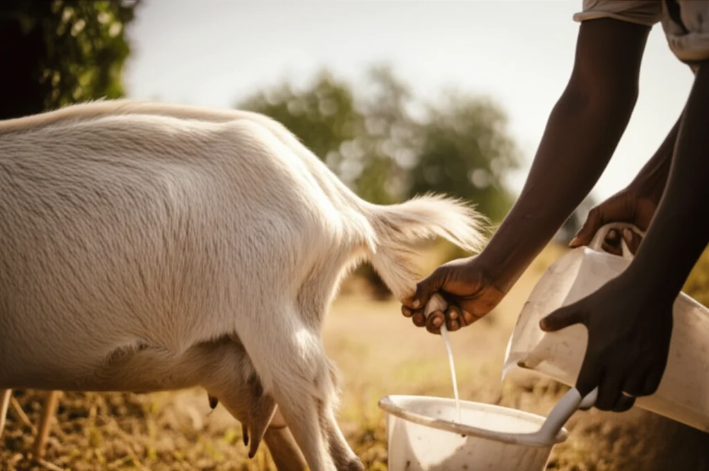 Abergelle goat being milked by a farmer in a rural Ethiopian landscape, 35mm portrait lens, depth of field.