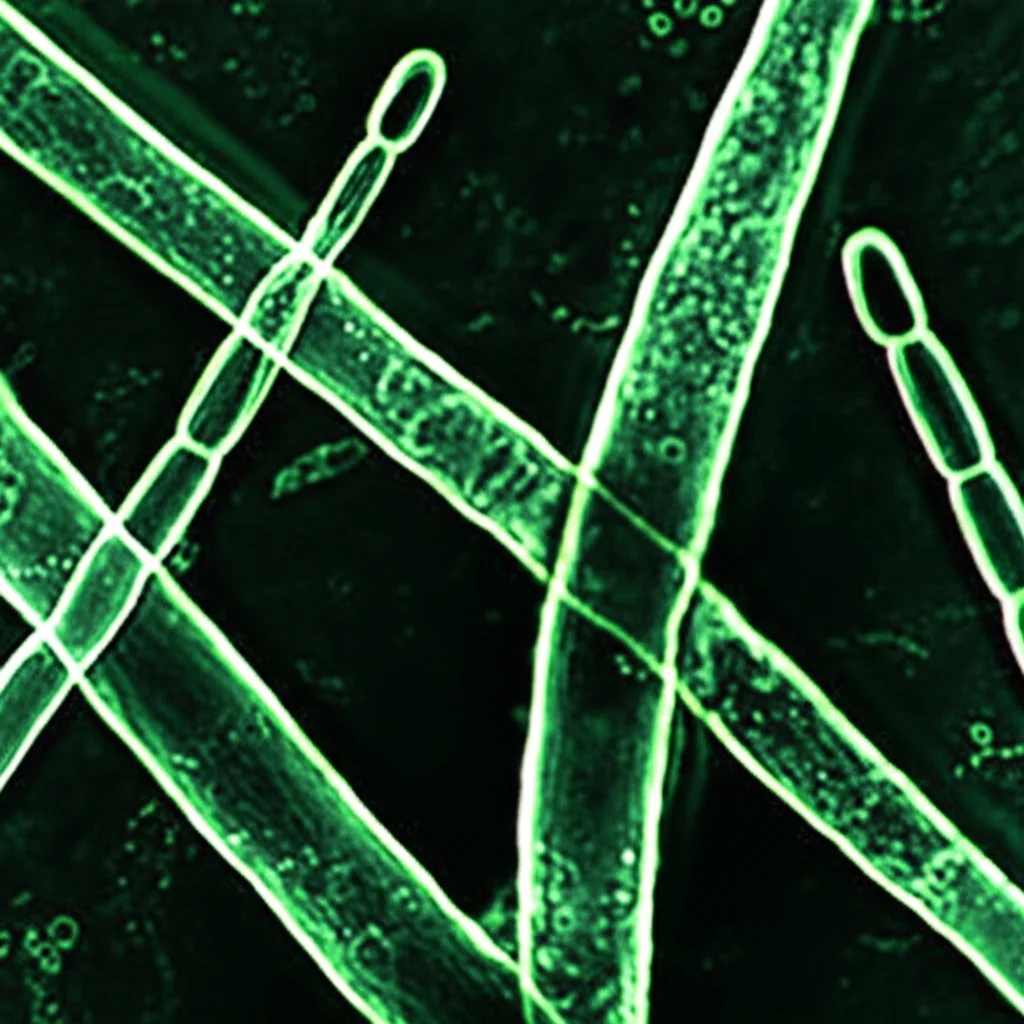 Fotografia macro ad alta definizione di ife fungine di Trichoderma reesei in crescita, con la cellula apicale in espansione e le cellule subapicali retrostanti che mostrano attività. Illuminazione controllata per evidenziare la struttura cellulare e i setti. Obiettivo macro 100mm, messa a fuoco precisa sulla punta dell'ifa e sulle prime cellule subapicali.