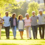 Immagine fotorealistica di un gruppo di persone di età diverse (simbolo di famiglia e supporto sociale) che camminano insieme in un parco luminoso, obiettivo 50mm, luce naturale calda, profondità di campo media, a simboleggiare il superamento dell'isolamento post-cancro colon-rettale grazie al supporto e alla fiducia.