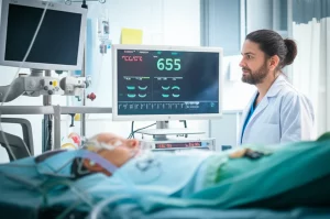 Immagine fotorealistica di un'unità di terapia intensiva, un medico osserva un monitor emodinamico (tipo MOSTCARE®) accanto a un paziente ventilato in PSV, focus sulla tecnologia e l'ambiente clinico, obiettivo prime 35mm, profondità di campo, illuminazione soffusa da ICU.