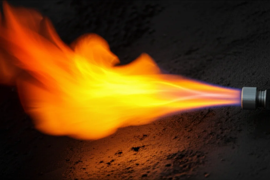 Immagine fotorealistica, teleobiettivo zoom lente (150 mm), catturando il bordo affilato e luminoso di una parte anteriore a fiamma controllata che si muove su una superficie scura e strutturata, che simboleggia un limite libero nella teoria della combustione, velocità dell'otturatore rapida per il congelamento del movimento, focalizzazione del monitoraggio dell'azione.