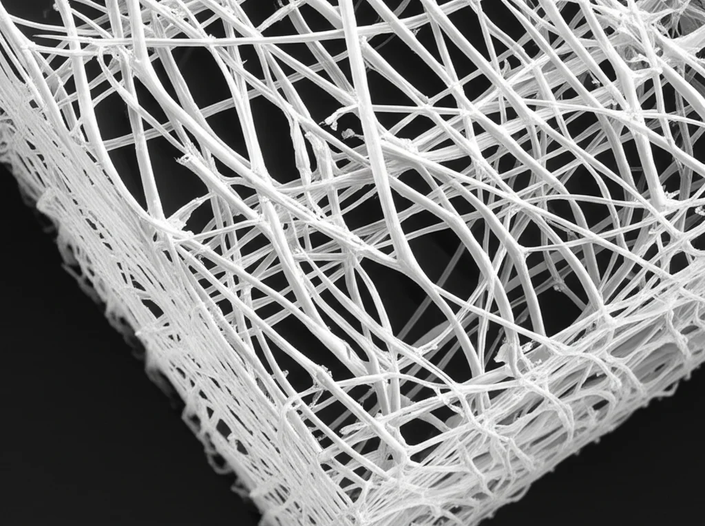 Primo piano di uno scaffold bioingegnerizzato ibrido, con fibre polimeriche visibili di seta fibroina e TPU, per la rigenerazione vascolare, illuminazione da studio che ne esalta la tridimensionalità, obiettivo macro 100mm, messa a fuoco precisa sulle interconnessioni fibrose e sulla texture superficiale.